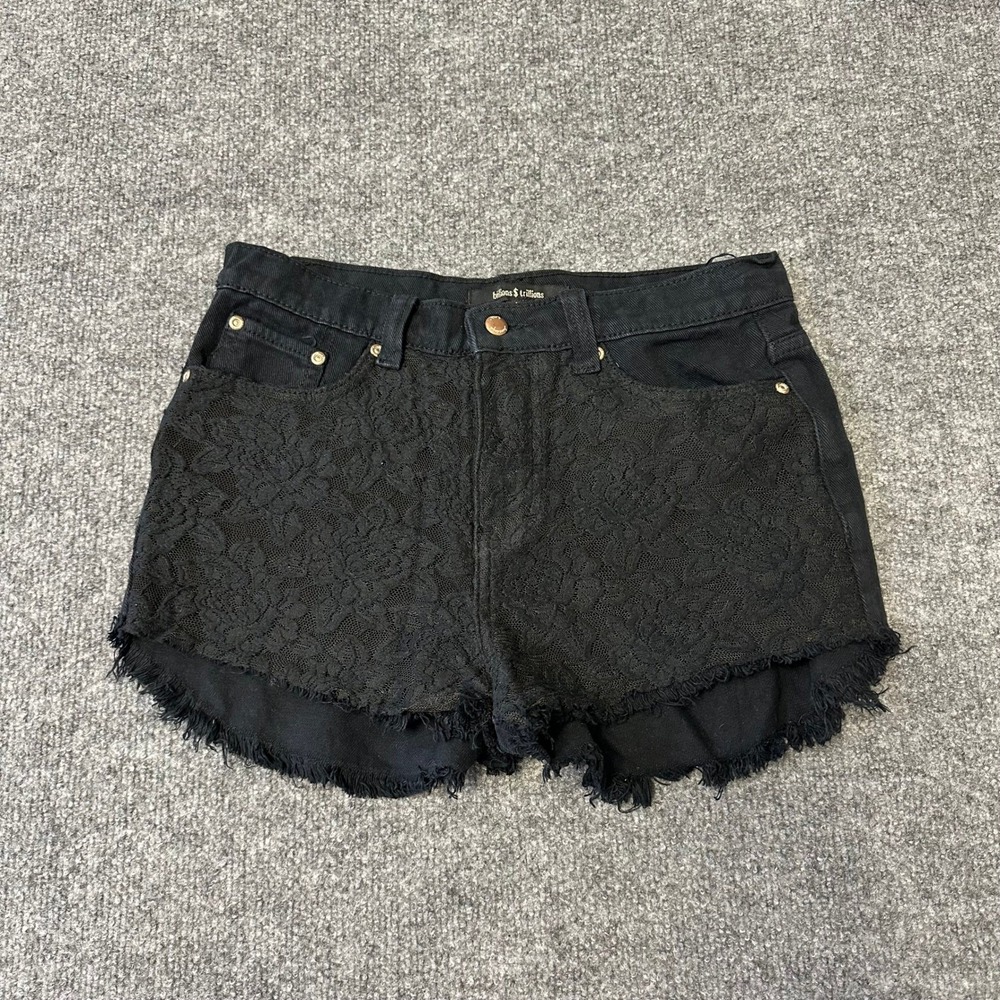 Billions $ Trillions Shorts Womens Size L Black Lace Overlay Cotton Denim Frayed